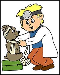 Image of a doctor tending to an injured teddy bear.